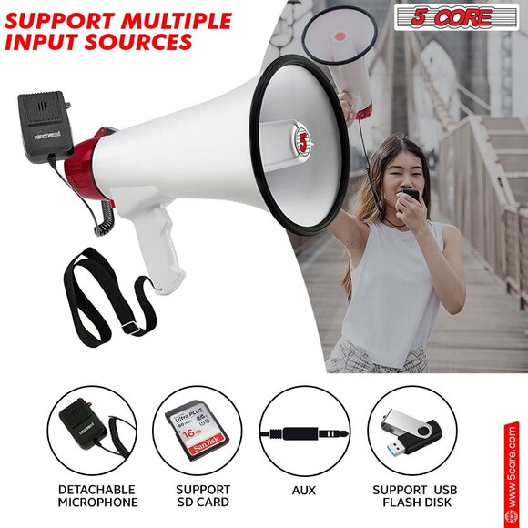 5 CORE 50W Megaphone Bullhorn Cheer Bull Horn Speaker Megaphono 300 Meter Range - Picture 9 of 10